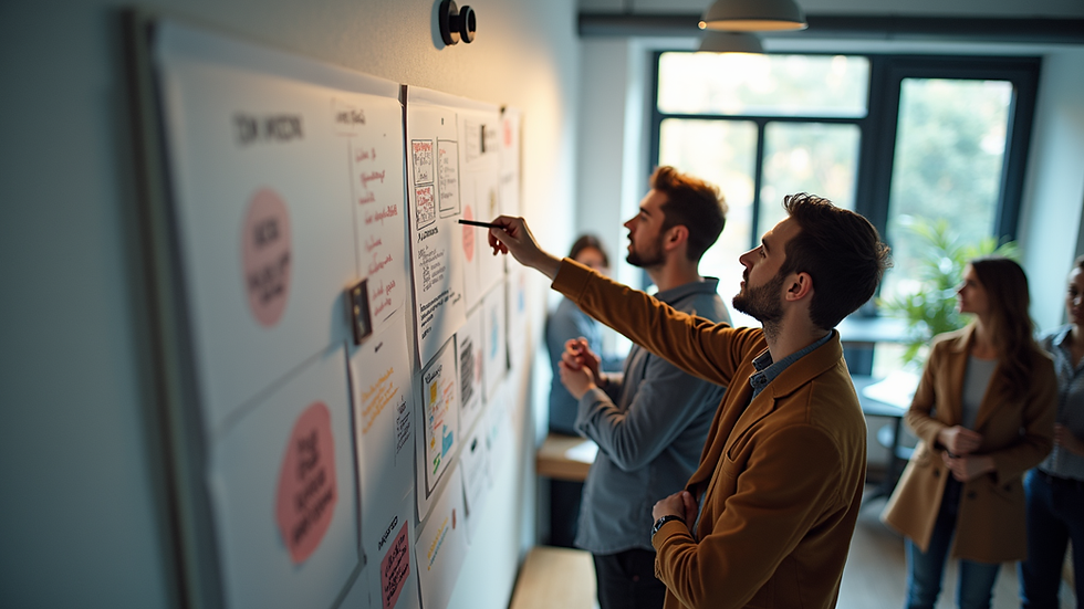 High angle view of a creative team brainstorming with visual storyboards on a wall