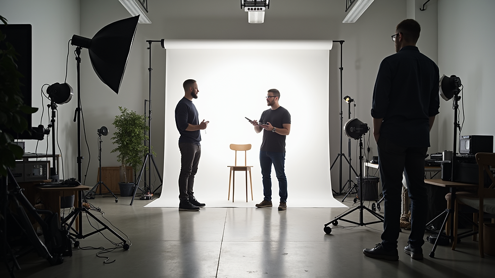 Eye-level view of a creative team setting up a video shoot in a bright studio