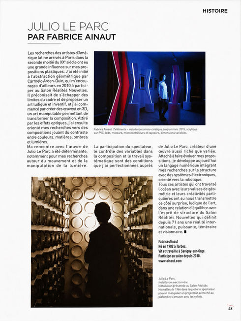 Double page de l'article « Julio Le Parc par Fabrice Ainaut », rubrique Histoire, Art Absolument hors-série Réalités Nouvelles 2017, avec reproduction de l'installation 7 Éléments