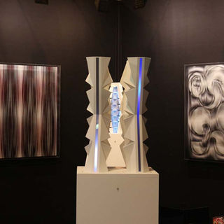 View of the ST'ART in Strasbourg, kinetic sculpture blanche by Fabrice Ainaut shown between two backlit photographs, 2014