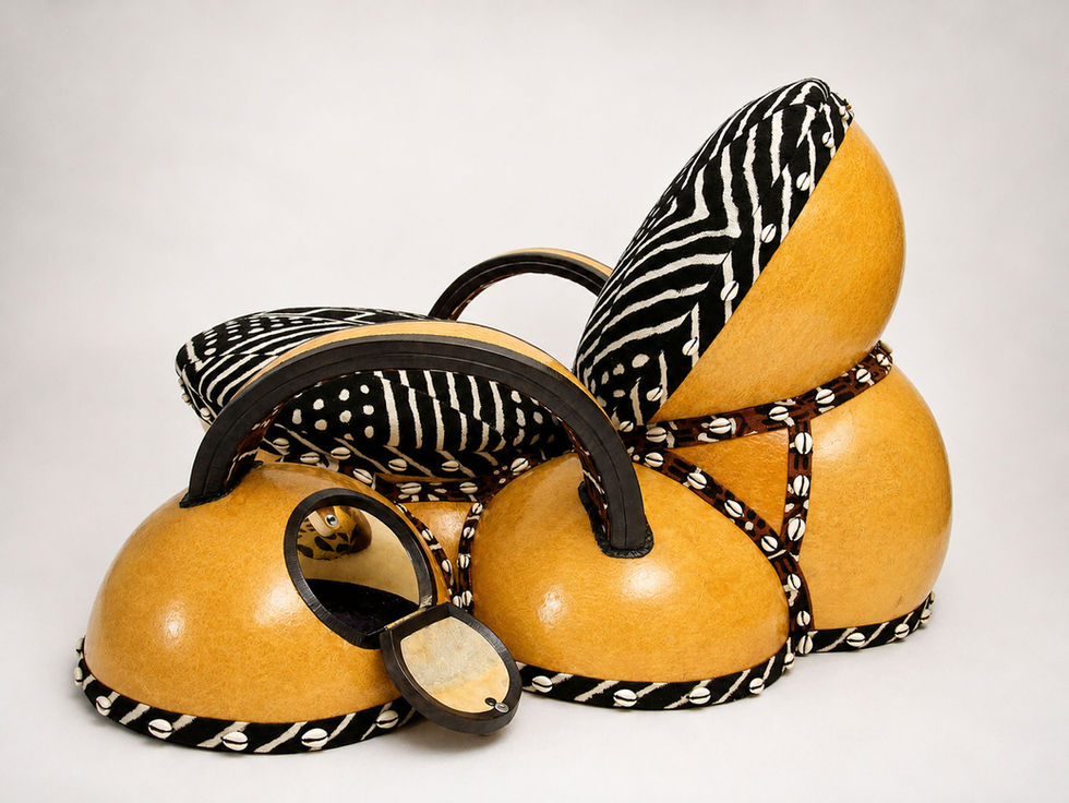 Detail of the calabash armchair and bogolan by Fabrice Beuillé alias Fabrice Ainaut, armrests and compartments, 2003