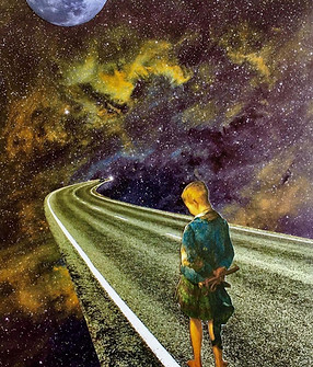 Boy on road going into space.  Collage work by Arran R Hawkins