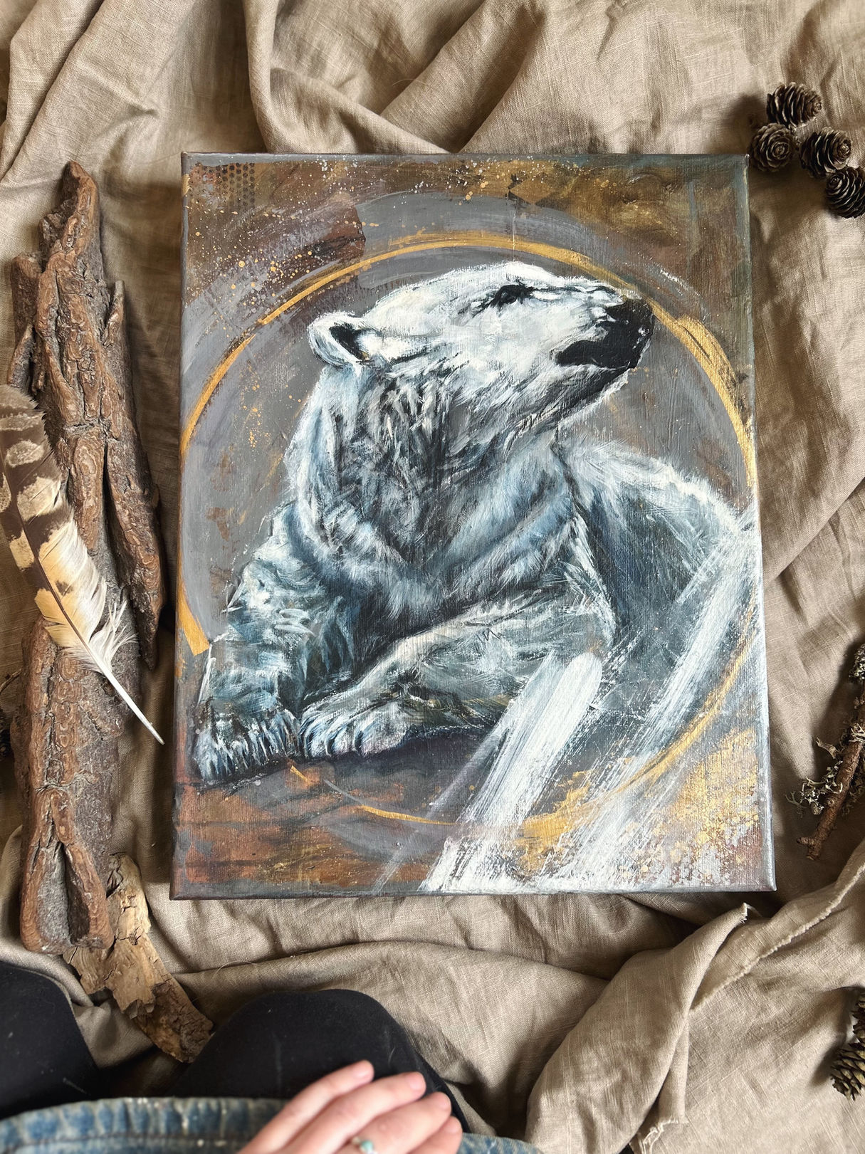 Valemon — polar bear oil painting, white silver and warm brown tones, abstract realism, Ivi Mrak Atelierovo Art Slovakia