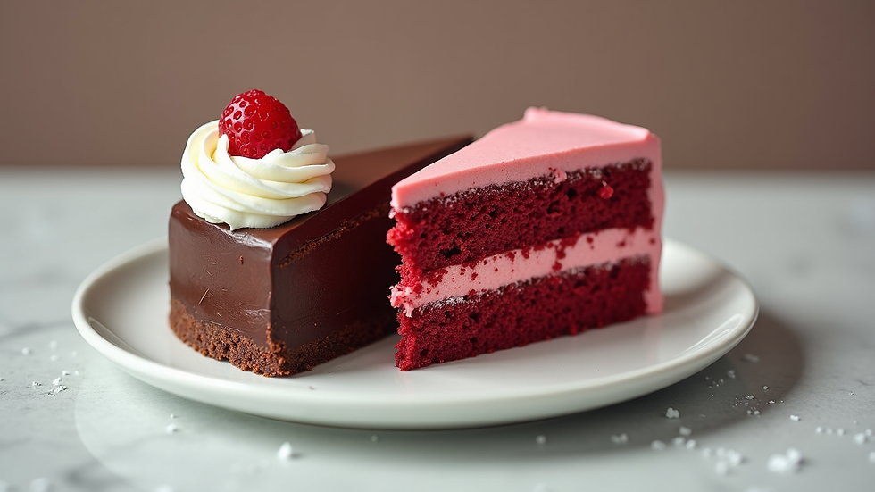 High angle view of a chocolate cake slice next to a red velvet cake slice on a white plate