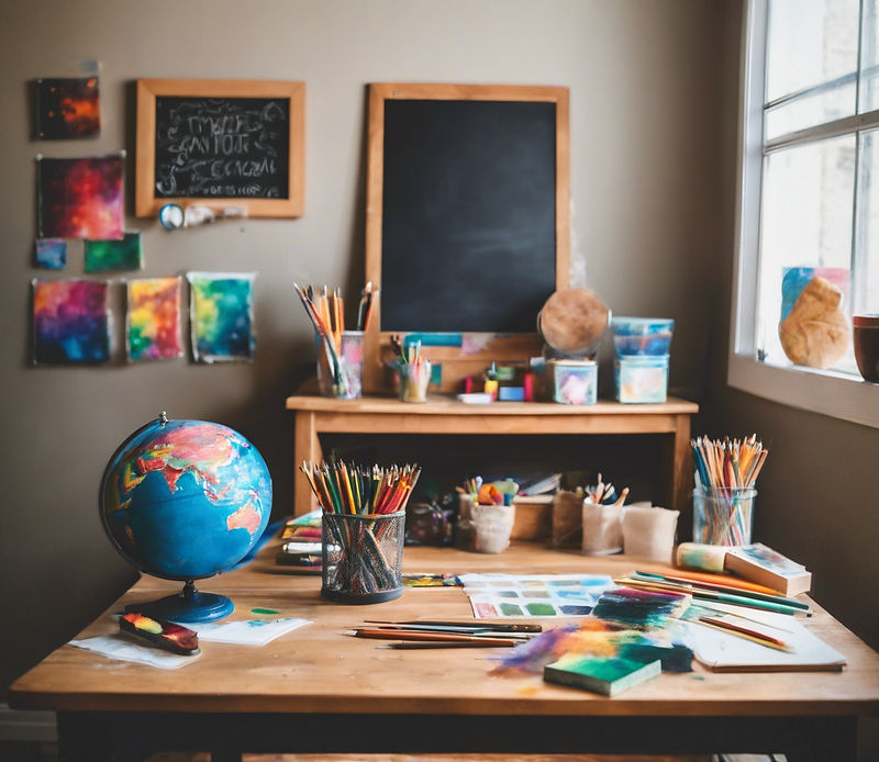 Homeschool room with art supplies, paintings, globe, and blank chalkboard sign.jpg