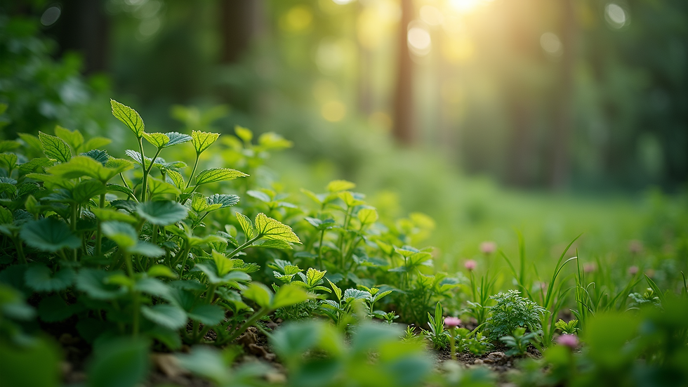 Eye-level view of a lush green garden with diverse plants