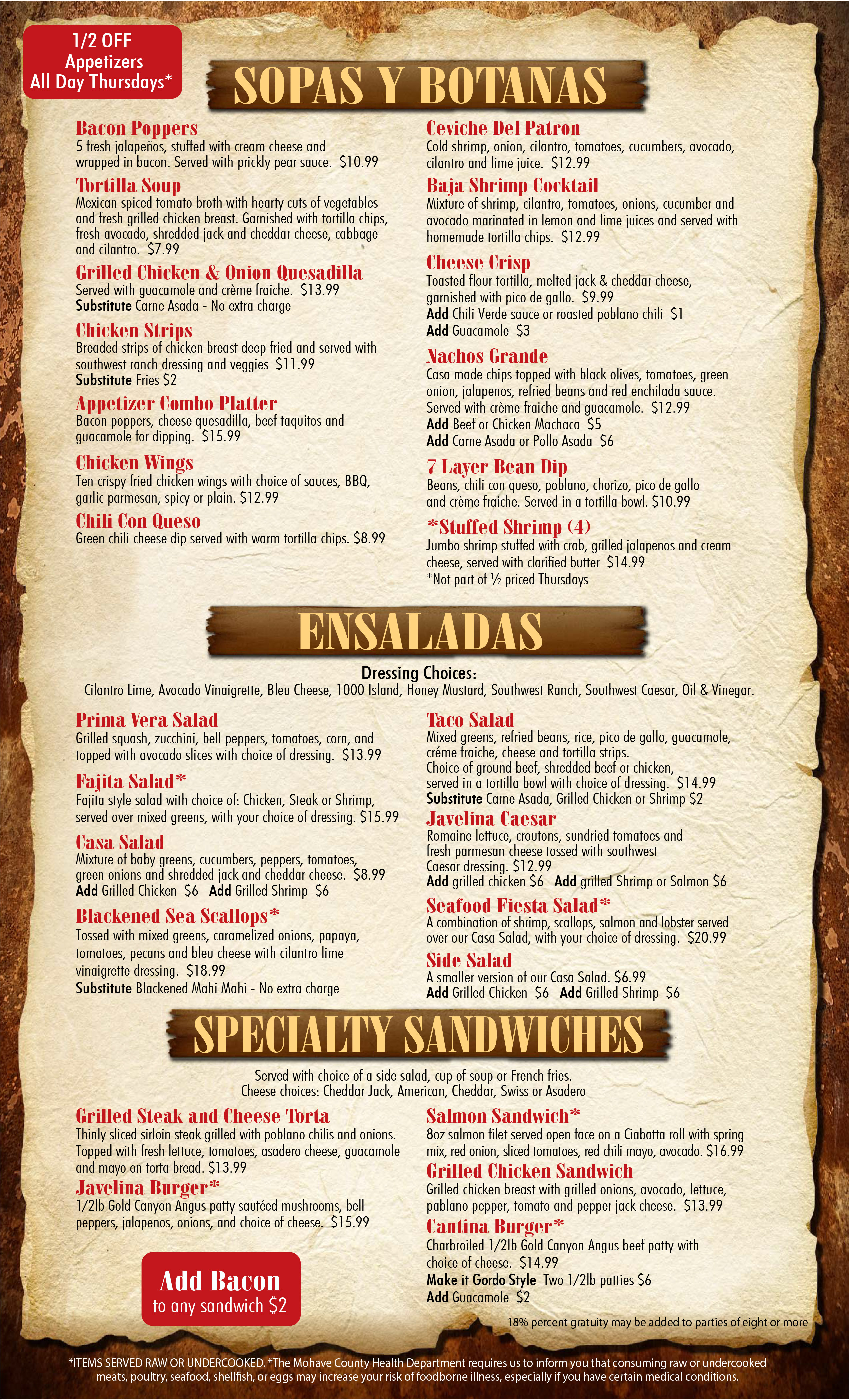Menu Lake Havasu City Javelina Cantina