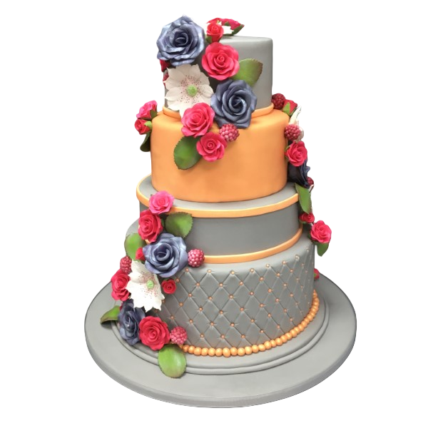 Four-tier wedding cake with sugar paste flowers in grey and peach tones.
