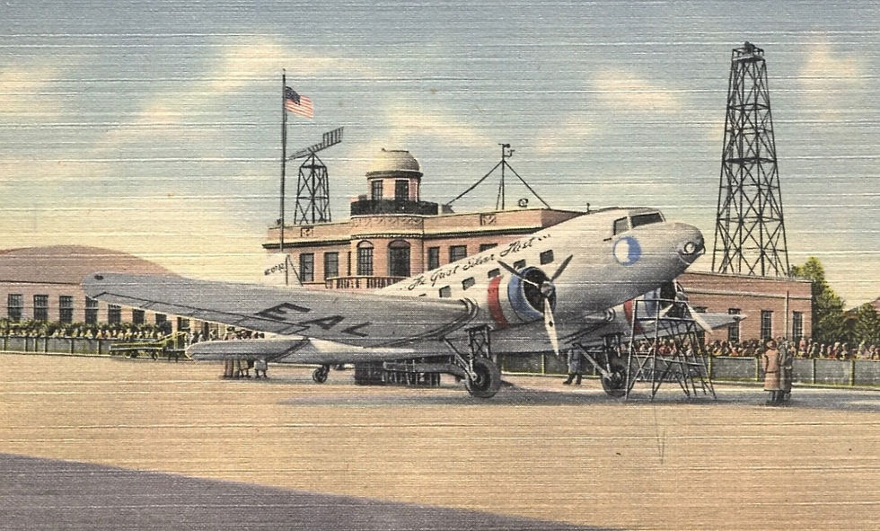 A postcard depicting an Eastern Douglas DC-2 and Atlanta's 1932 terminal building in the background.