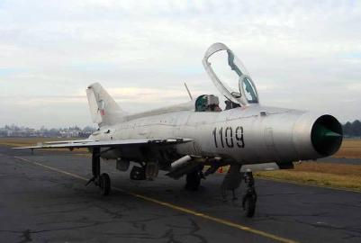 A flight-worthy Czechoslovakian MIG-17F, an advanced subsonic fighter jet, was on the tarmac.