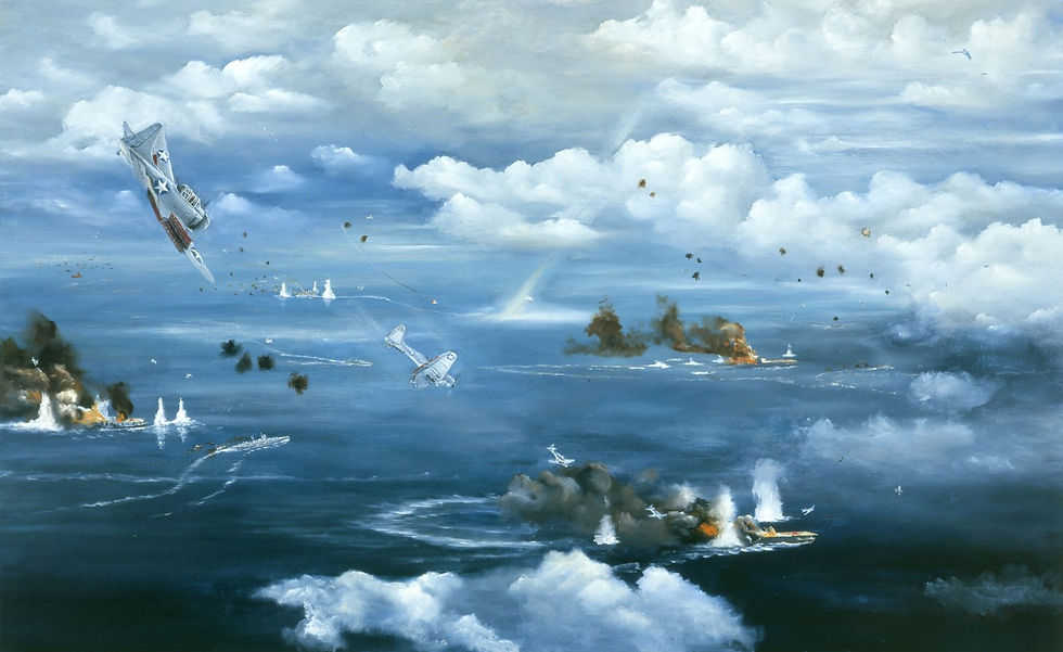 US Dauntless Aircraft dove on Japanese carriers during the decisive WWII Battle of Midway in 1942.