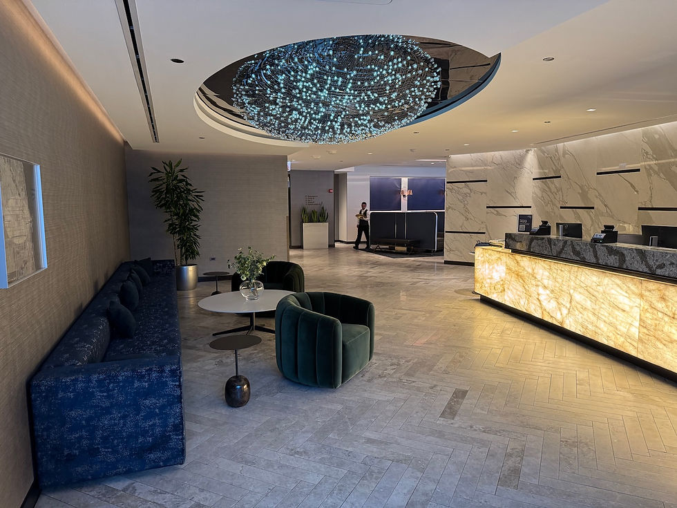 The upscale Polaris Lounge features curated art and exclusive amenities like luxury shower suites.