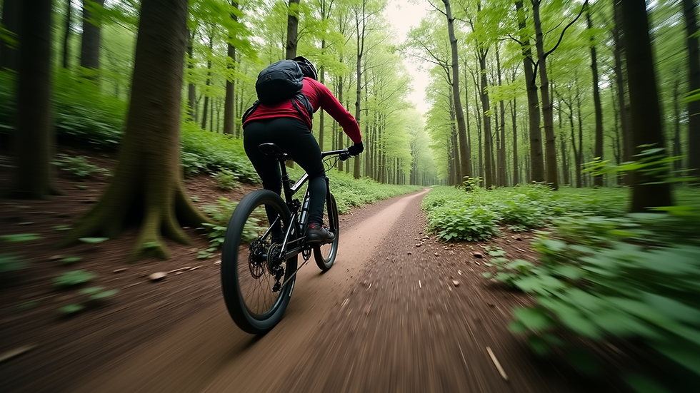 Vue de profil d'un vélo tout suspendu en pleine descente sur un sentier forestier