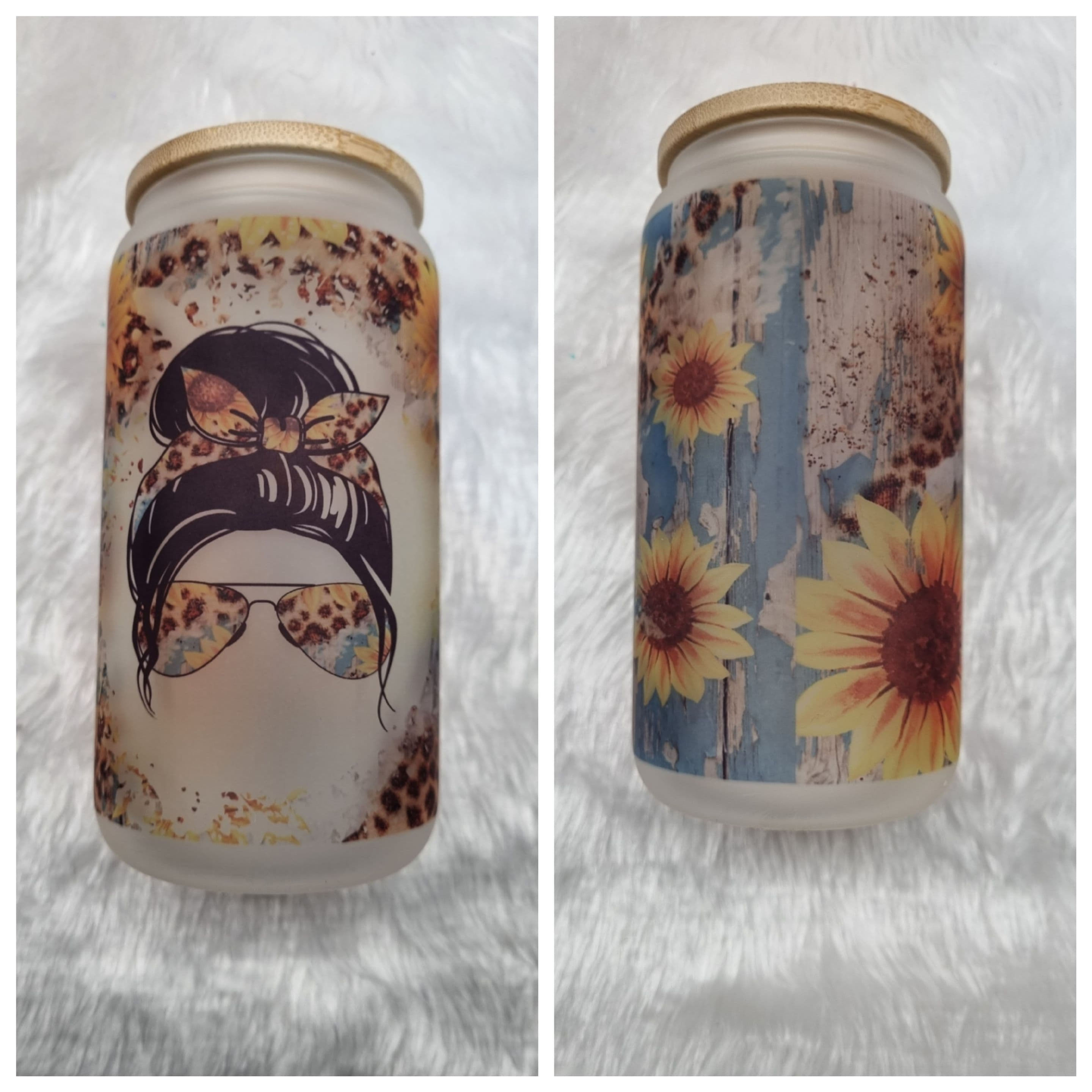 Messy Bun Sunflower Glass Can