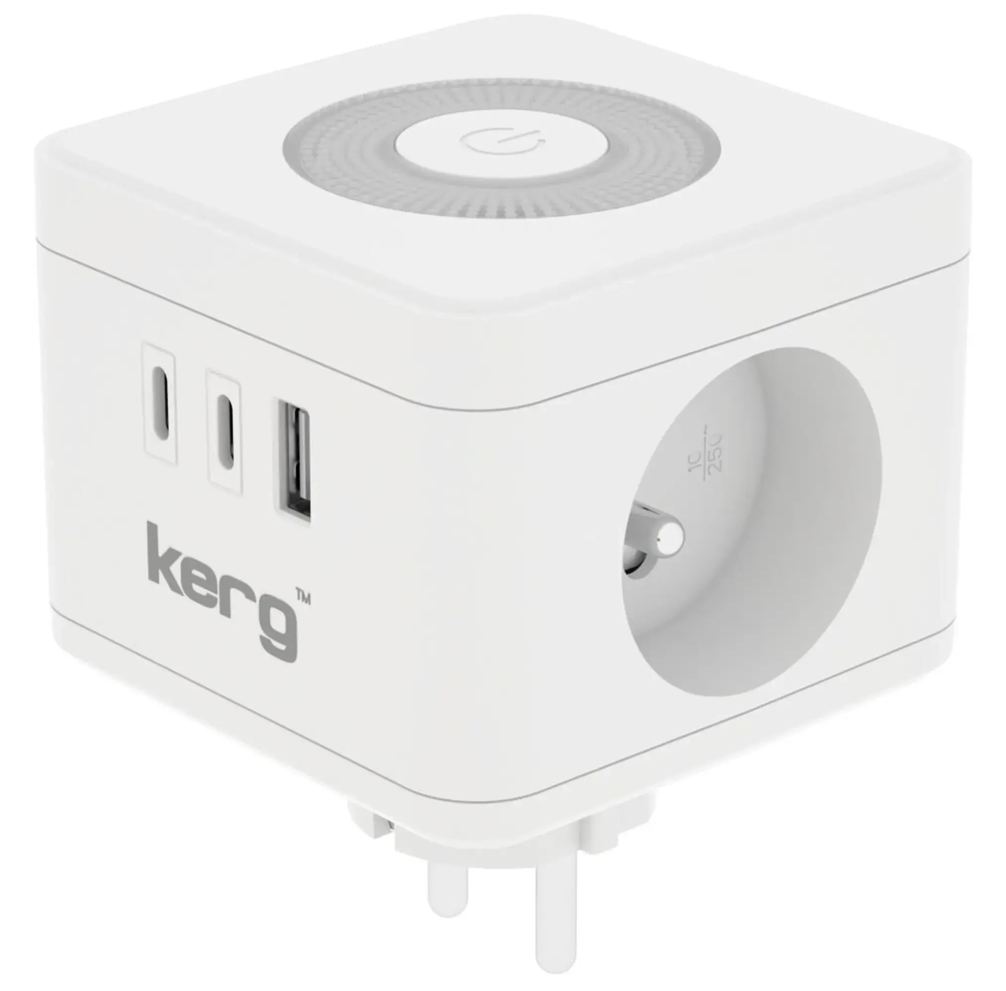 KERG Smart захранващ кабел с 2 гнезда + USB-A + USB-C зарядно + LED лампа 16A/25