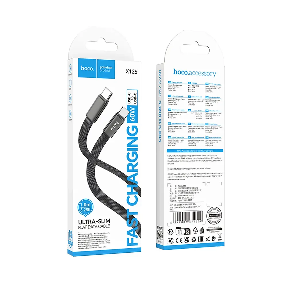 Миниатюра: Плосък кабел USB C към USB C Hoco 3A 60W 1 м X125 черен