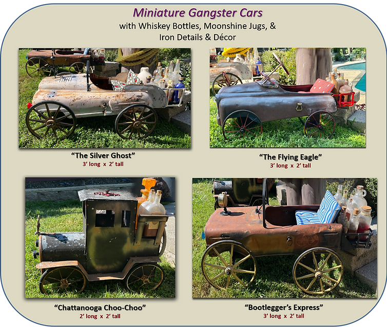 “Wooden Nickel” Miniature cars feature vintage spoke wheels, tufted seats, & miniature whiskey bottles with faded label branding from the prohibition era.