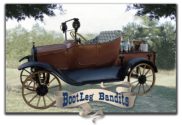 "Bootleg Bandits" Great Gatsby photo booth features a 1900s Model T gangster car with tuffted fabric seats, vintage labeled whiskey bottles, moonshine jugs and prohibition era crates.