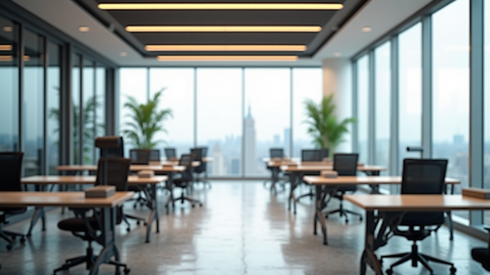 Wide angle view of a digitally staged office space with desks and chairs