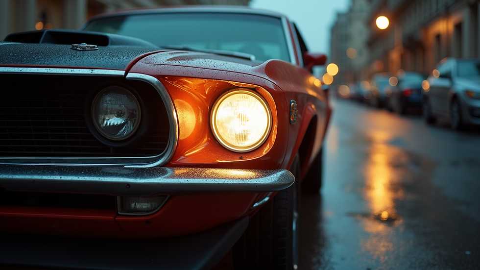 High angle view of a car with restored headlights shining brightly