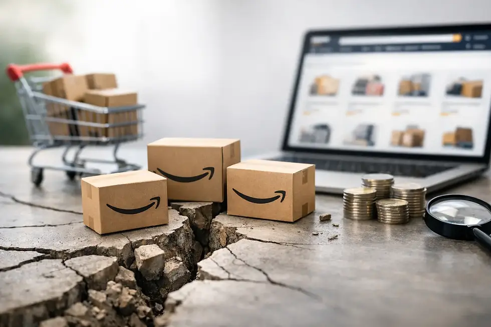 Amazon boxes positioned over a cracked surface next to coins and a laptop showing an online marketplace, illustrating price erosion caused by distribution issues and unauthorized sellers