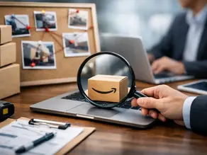 Magnifying glass focused on an Amazon-branded package on a laptop, with shipping boxes and an investigation board in the background, illustrating efforts to trace product diversion sources on Amazon.