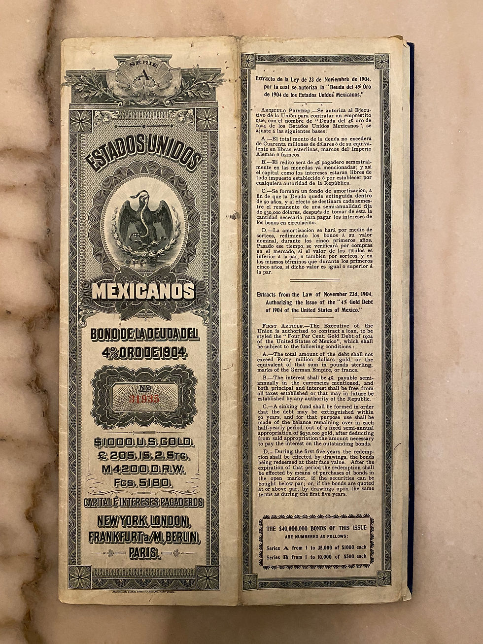 Miniatura: United States of Mexico - 4% Gold Bond of 1904, $1,000 U.S. Gold