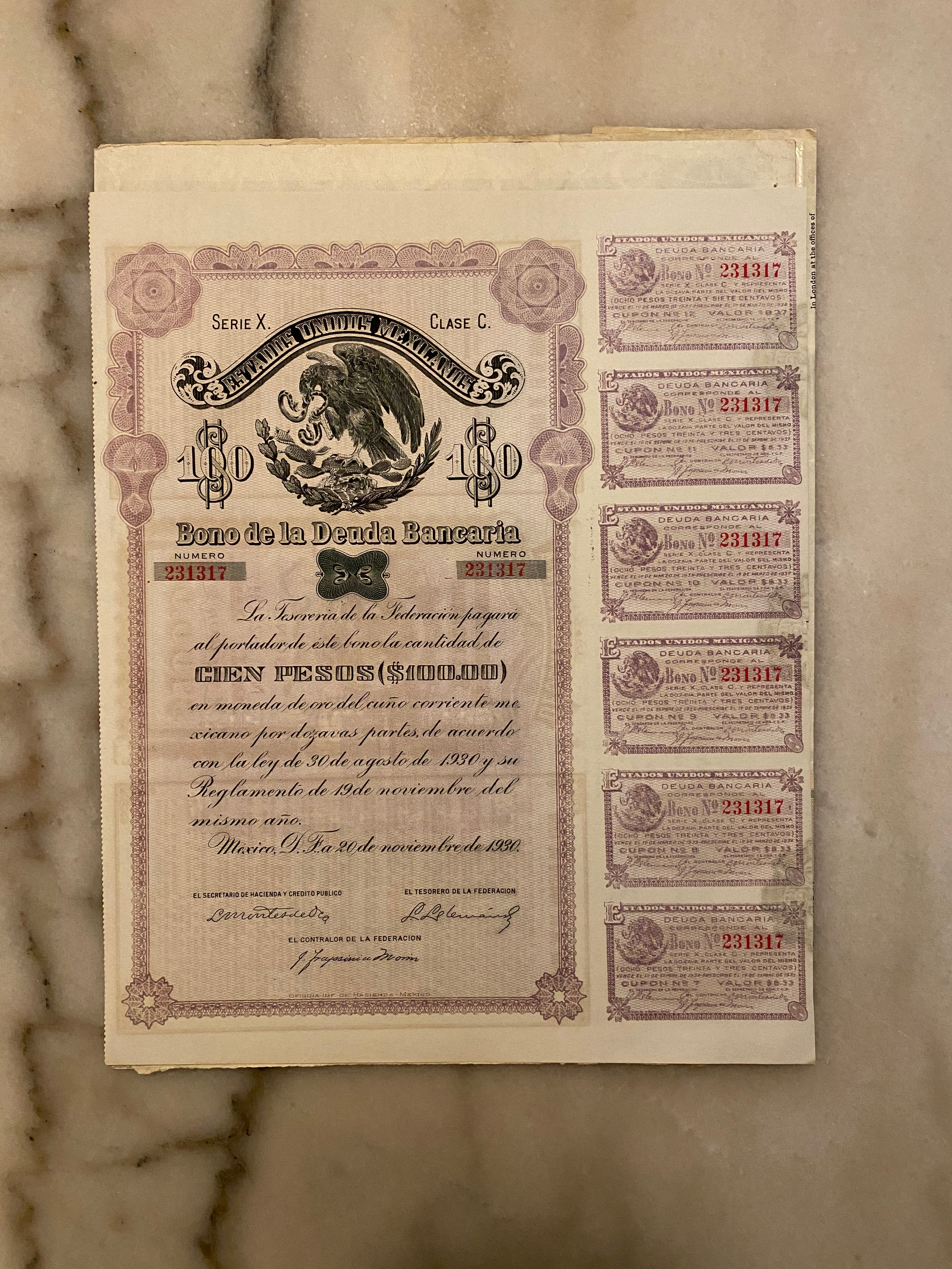 Bono de la Deuda Bancaria - Serie X / Clase C. $100 Pesos, 1930