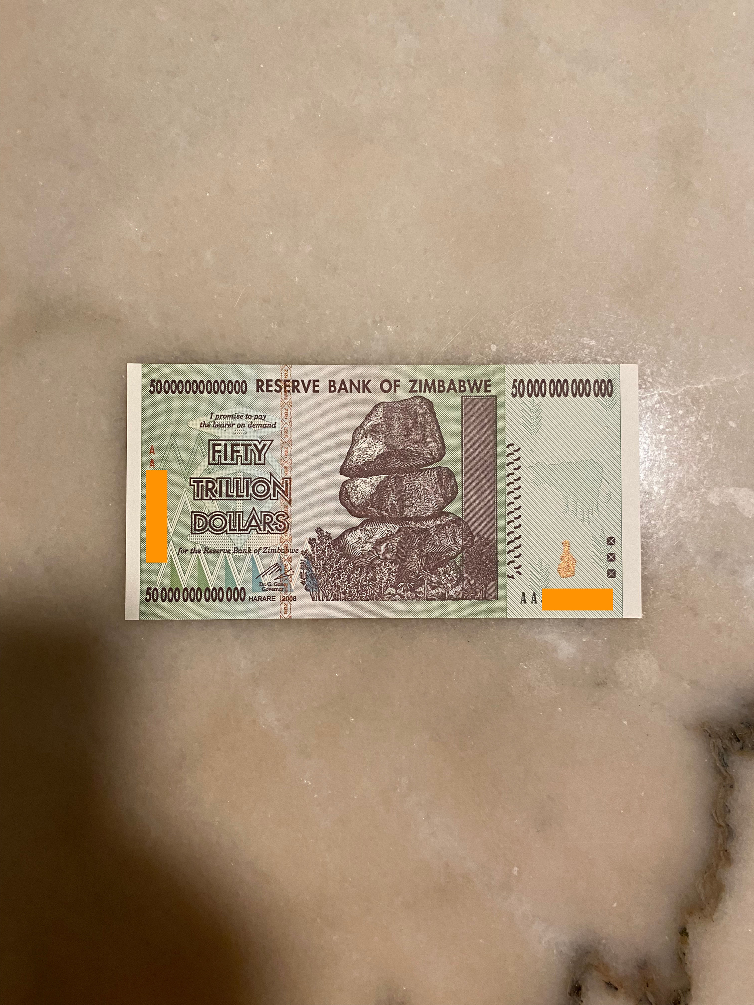 Zimbabwe Banknote, $50 Trillion Dollars, AA Series, 2008: Front