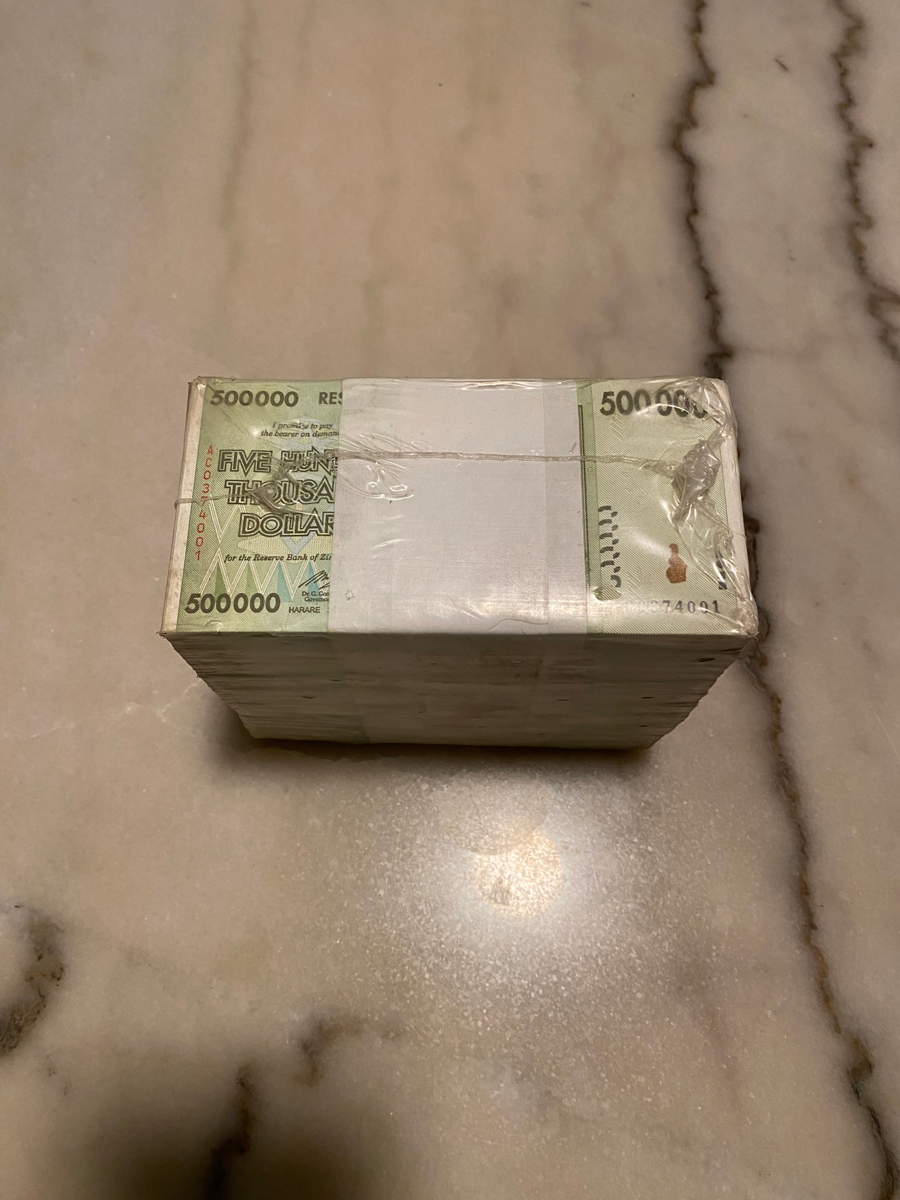 Brick of Zimbabwe Banknotes, $500,000 (Thousand) Dollars, 2008