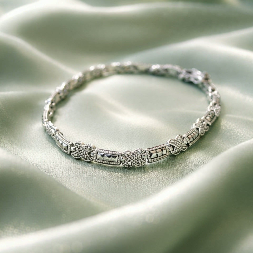 Thumbnail: Marcasite Stone and Silver Bracelet