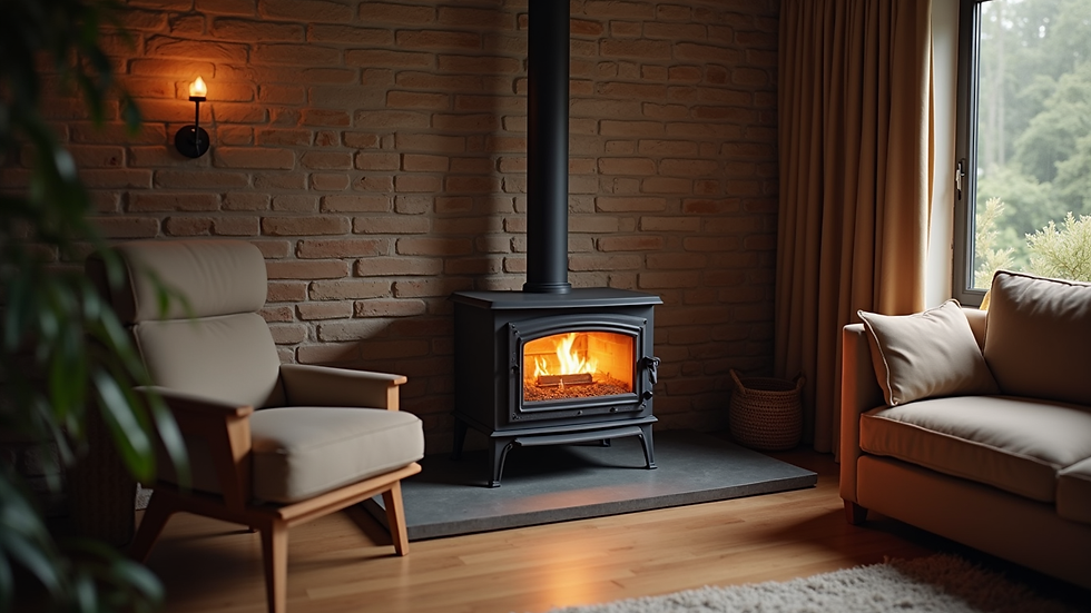High-angle view of a cozy living room with a wood burning stove