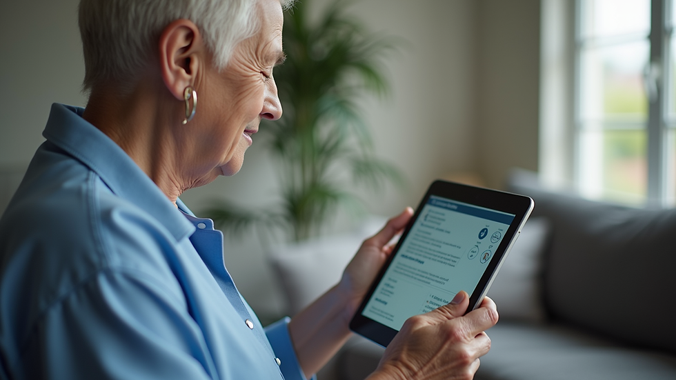 Eye-level view of a senior reading health information on a tablet