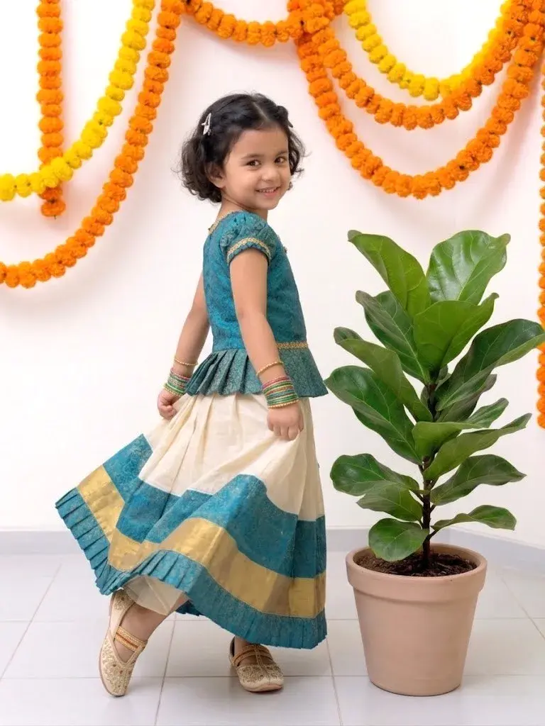 Teal Blue & Ivory Golden Kasavu Cotton Kerala Kids Dress, Age 3-5 Full View