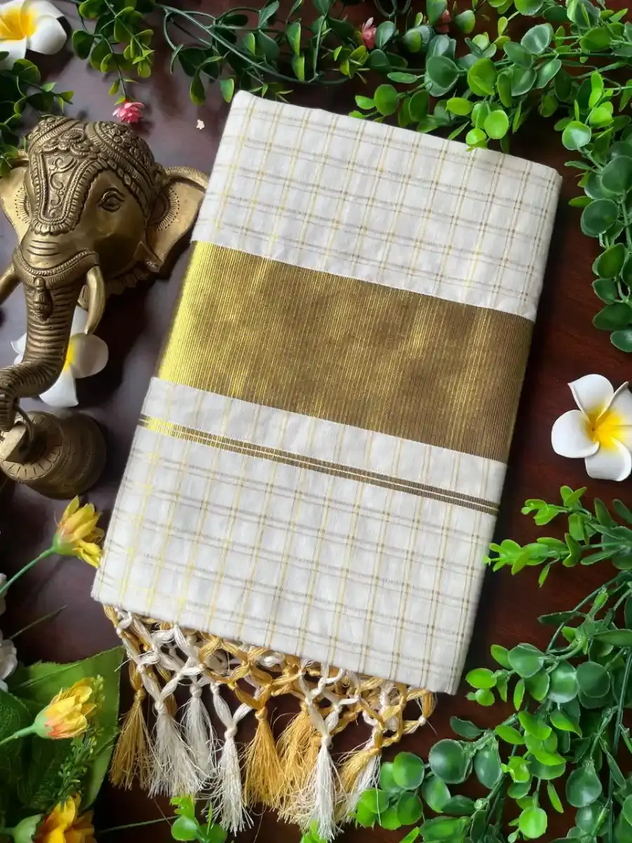 Golden block Temple Designer Cotton Kasavu Saree With Blouse Main View