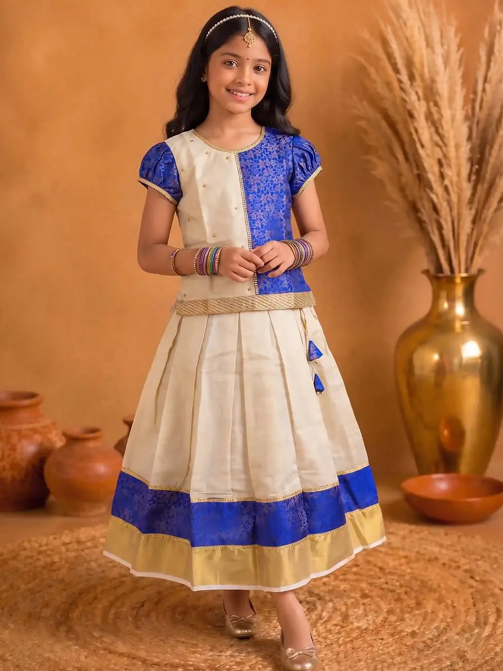 Royal Blue & Golden Kasavu Kerala Tissue Kids Dress, Age 6-10 Main View
