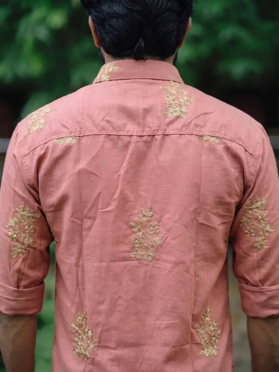 Thumbnail: Dusty Rose Botanical Embroidered Cotton Shirt and Kasavu Mundu Dhoti Combo Back view
