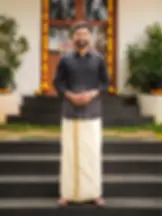 Black Vine Outline Cotton Shirt and Kasavu Mundu Dhoti Combo Main View