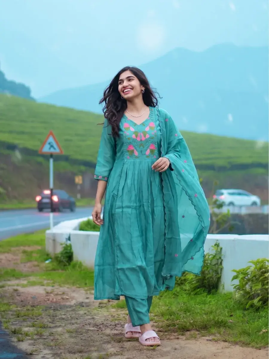 Teal Green Floral Chandheri Kurta Set with Dupatta Side View