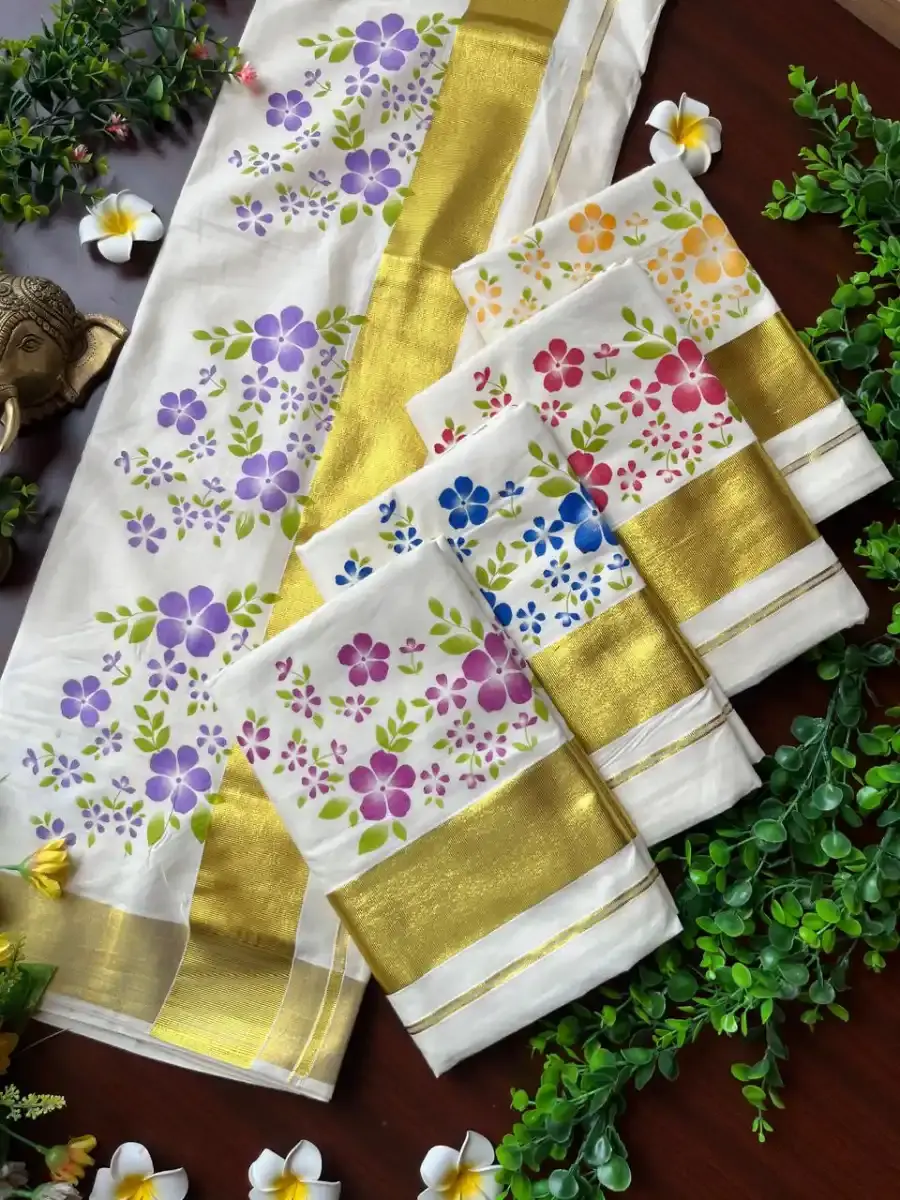 Blue Floral Designer Golden Kasavu Cotton Saree With Blouse Main View