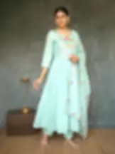 Seafoam Blue Ethnic Kurta Suit Set with Lotus Embroidery & Pants Main View