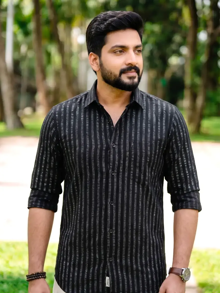 Thumbnail: Black & Silver Flecha Cotton Shirt and Kasavu Mundu Dhoti Combo Mid Closeup View