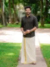 Black & Golden Flecha Cotton Shirt and Kasavu Mundu Dhoti Combo Full View