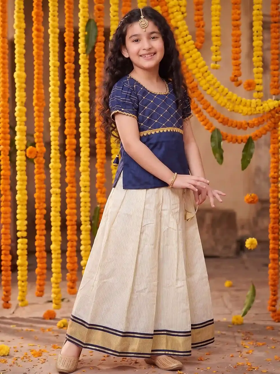 Navy Blue Embroidery Golden Stripe Cotton Kerala Kasavu Kids Dress, Age 6-10 Front View