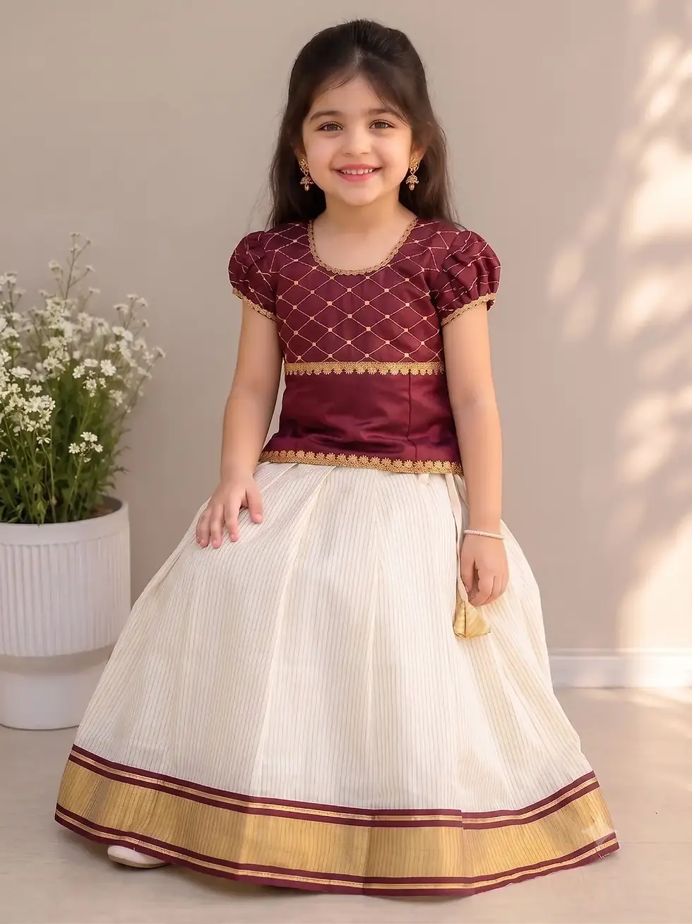 Brown Diamond Checks Golden Kasavu Kerala Cotton Kids Dress, 3-5 Front View
