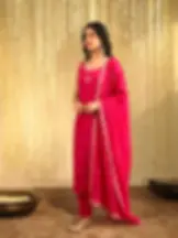 Fuchsia Pink Floral Embroidered Silk Blend Kurta Set with Dupatta Full View