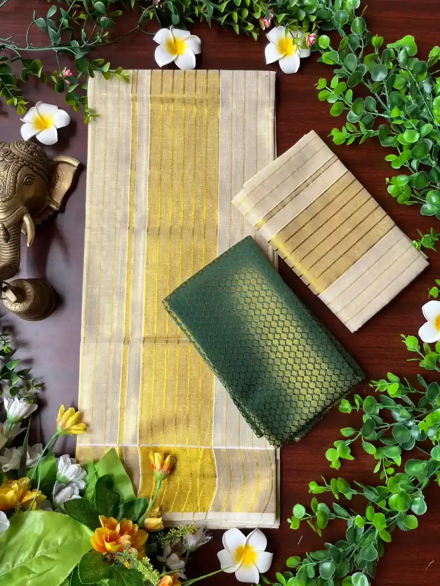 Thumbnail: Premium Golden Stripe Tissue Kerala Kasavu Set Mundu with Green Blouse Folded  View