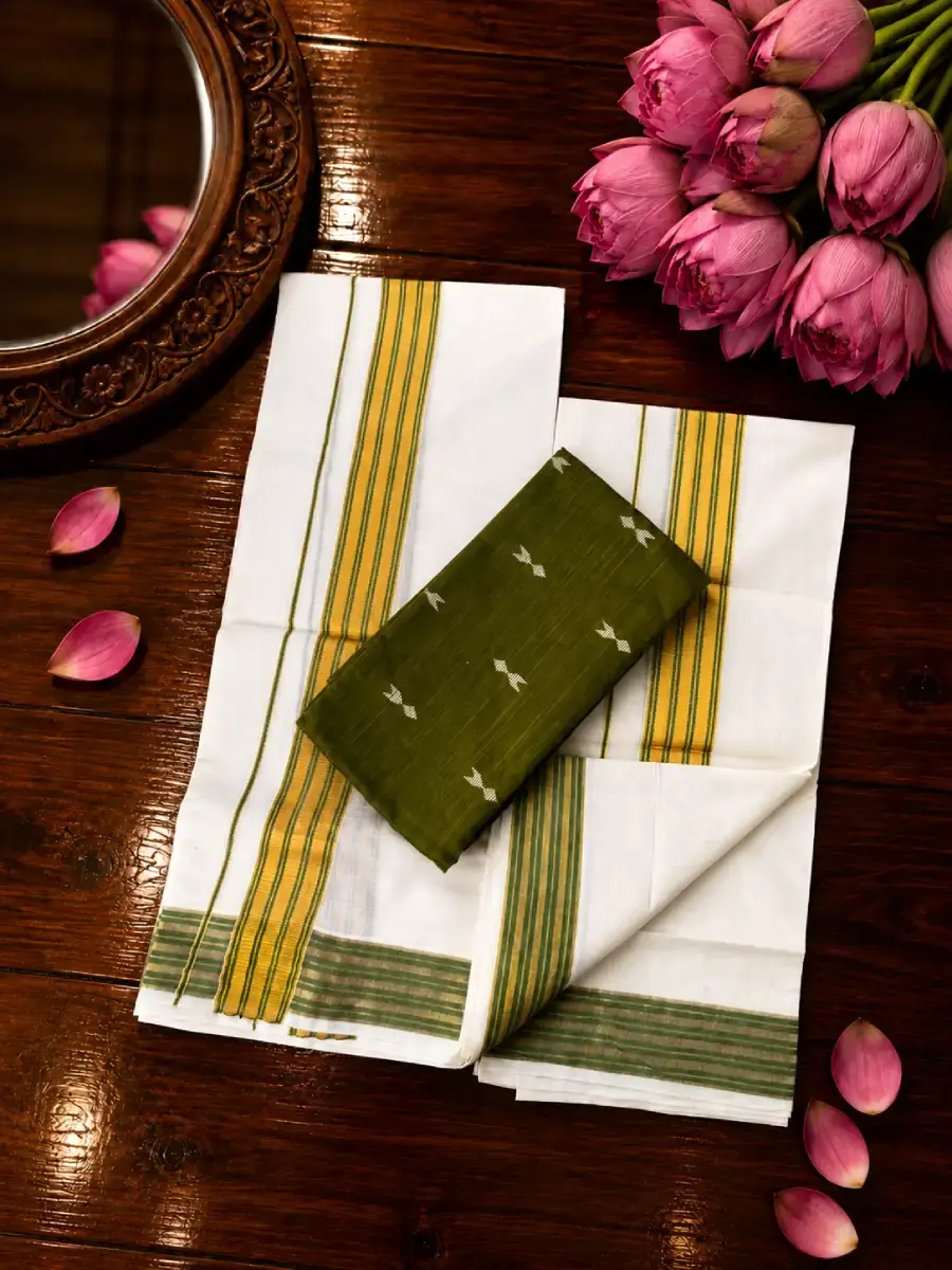 Forest Green Cotton Kasavu Set Mundu with Blouse Folded View