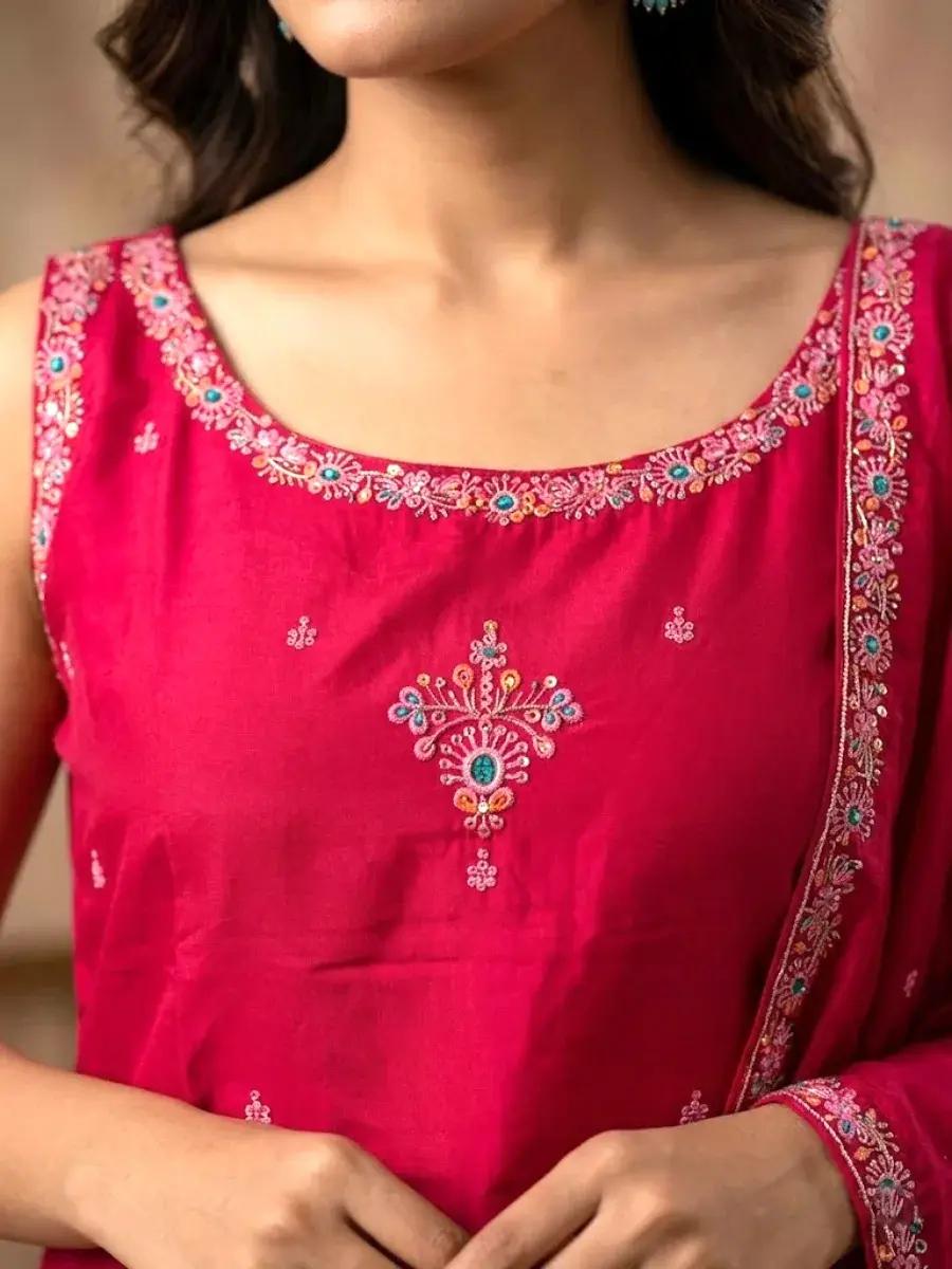 Thumbnail: Fuchsia Pink Floral Embroidered Silk Blend Kurta Set with Dupatta Closeup View