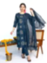 Navy Blue Hand Block Printed Kurta Set with Dupatta & Pants Main View